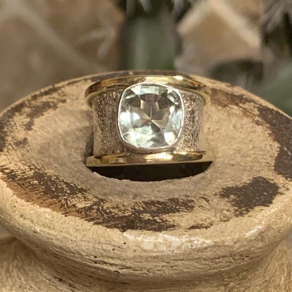 YS Sterling Silver & Brass with Prasiolite(Light Green) Ring Size 7 India - Picture 2 of 10